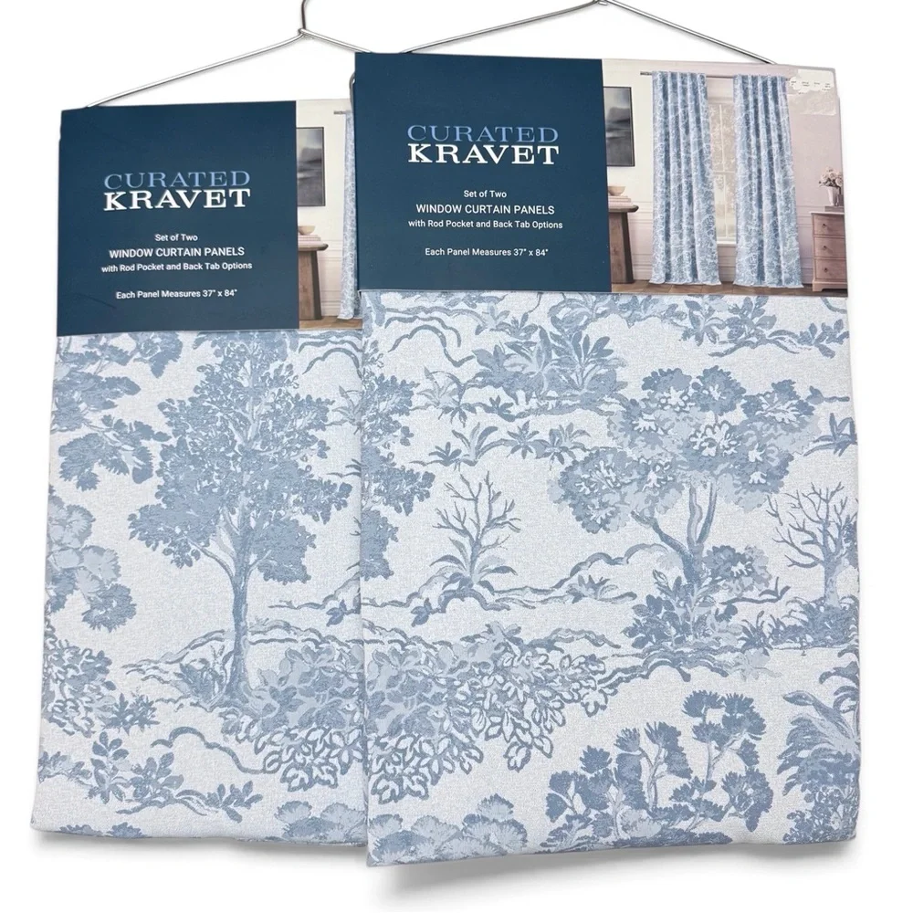 Curated Kravet Blue Toile Landscape Trees Set of 4 Curtain Panels 37x84 in. NEW